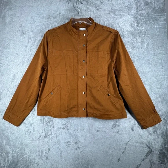 Garnet Hill‎ Jacket Womens Organic Cotton Utility Full Zip Snap Button Brown 18 - Picture 2 of 13